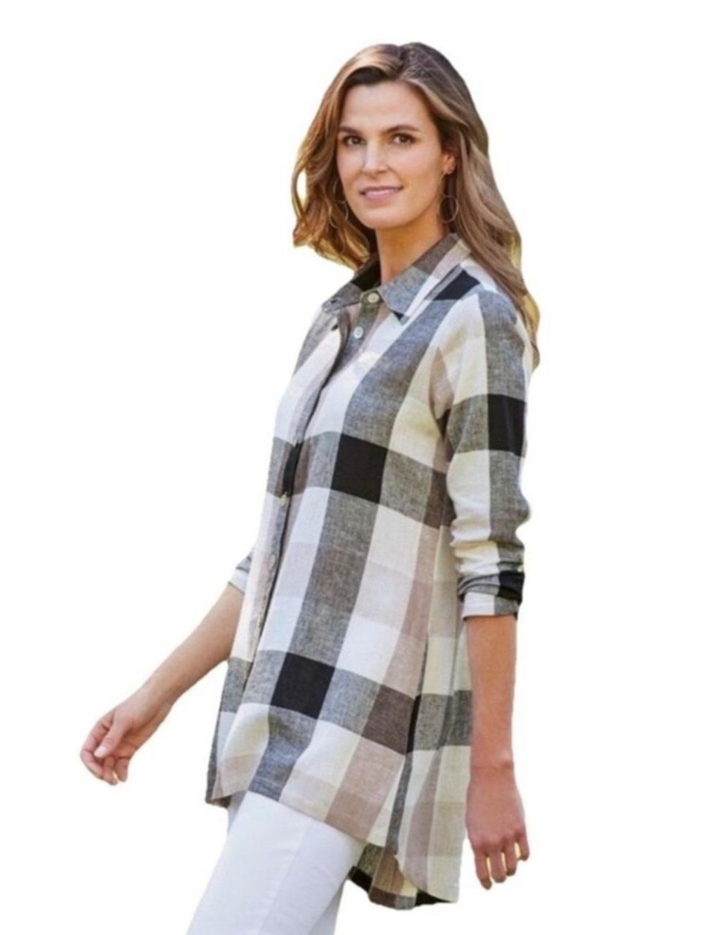 Soft Surroundings Carreaux plaid button down linen blend shirt white, black& tan
